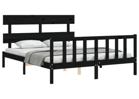 Cadru de pat cu tăblie, negru, king size, lemn masiv - 4/5