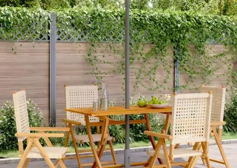 Scaune de grădină rabatabile 4 buc. bej, poliratan/lemn masiv - 1/5