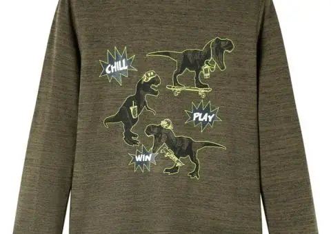 Tricou copii, mâneci lungi, kaki închis melanj, 104 - 1/5