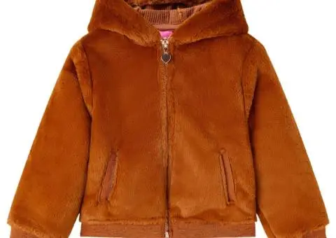 Jachetă cu glugă pentru copii, blană artificială, coniac, 140 - 1/5