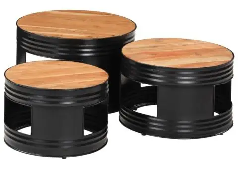 Mese de bar în formă de tobă, 3 buc., lemn masiv de acacia - 1/5