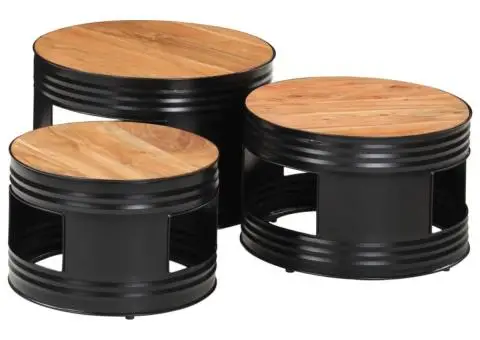 Mese de bar în formă de tobă, 3 buc., lemn masiv de acacia - 2/5