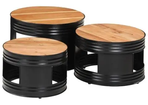 Mese de bar în formă de tobă, 3 buc., lemn masiv de acacia - 3/5