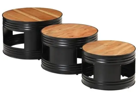 Mese de bar în formă de tobă, 3 buc., lemn masiv de acacia - 4/5