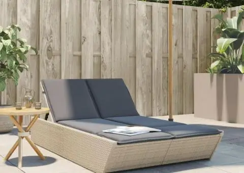 Șezlong dublu cu perne, bej, poliratan - 1/5