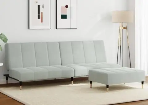 Canapea extensibilă cu taburet, 2 locuri, gri deschis, catifea - 1/5