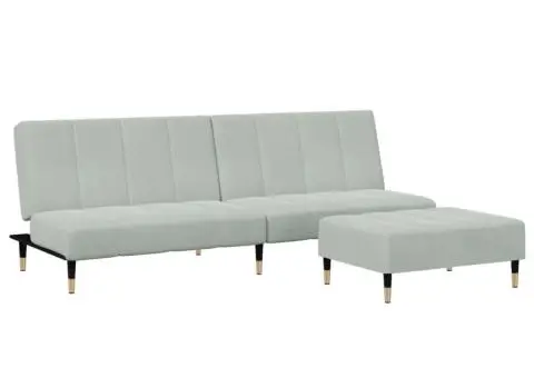Canapea extensibilă cu taburet, 2 locuri, gri deschis, catifea - 2/5