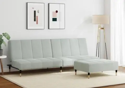 Canapea extensibilă cu taburet, 2 locuri, gri deschis, catifea - 3/5