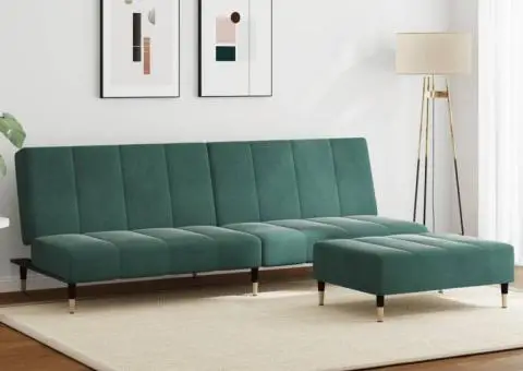 Canapea extensibilă cu taburet, 2 locuri, verde închis, catifea - 1/5