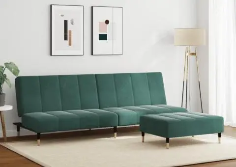 Canapea extensibilă cu taburet, 2 locuri, verde închis, catifea - 3/5