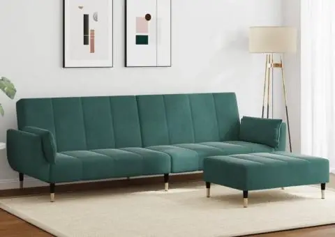 Canapea extensibilă cu taburet, 2 locuri, verde închis, catifea - 1/5