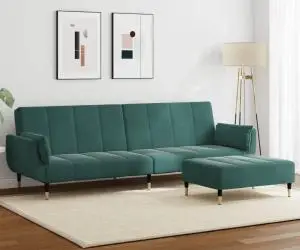 vidaXL Canapea extensibilă cu taburet, 2 locuri, verde închis, catifea