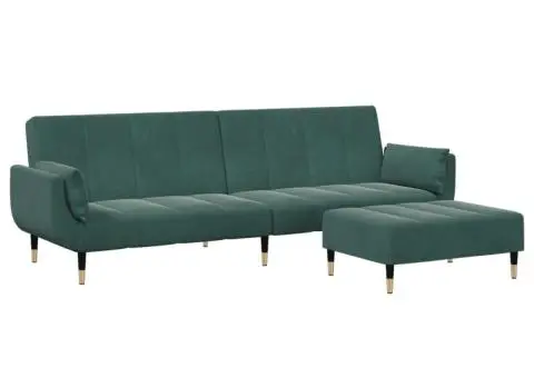 Canapea extensibilă cu taburet, 2 locuri, verde închis, catifea - 2/5