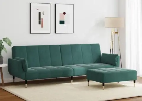 Canapea extensibilă cu taburet, 2 locuri, verde închis, catifea - 3/5