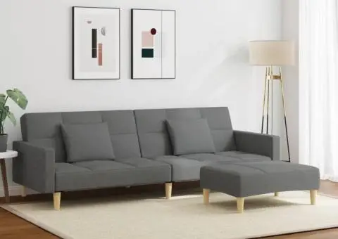 Canapea extensibilă cu taburet, 2 locuri, gri închis, textil - 3/5