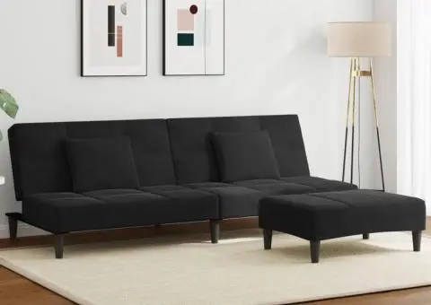 Canapea extensibilă cu taburet, 2 locuri, negru, catifea - 1/5