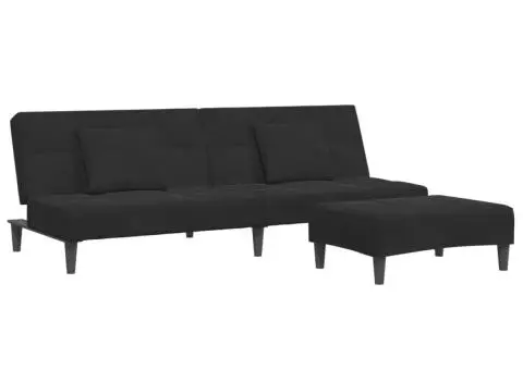 Canapea extensibilă cu taburet, 2 locuri, negru, catifea - 2/5