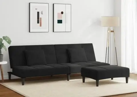 Canapea extensibilă cu taburet, 2 locuri, negru, catifea - 3/5