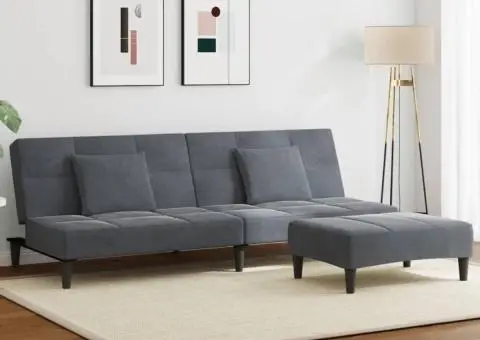 Canapea extensibilă cu taburet, 2 locuri, gri închis, catifea - 1/5