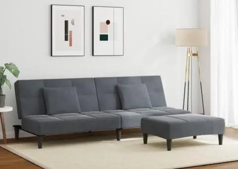 Canapea extensibilă cu taburet, 2 locuri, gri închis, catifea - 3/5