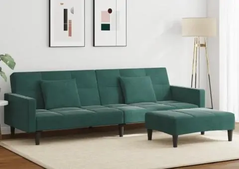 Canapea extensibilă cu taburet, 2 locuri, verde închis, catifea - 1/5