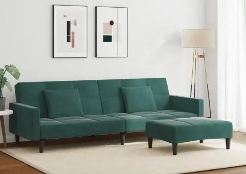 Canapea extensibilă cu taburet, 2 locuri, verde închis, catifea - 3/5