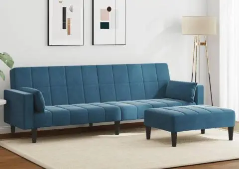 Canapea extensibilă cu 2 locuri și taburet, albastru, catifea - 1/5