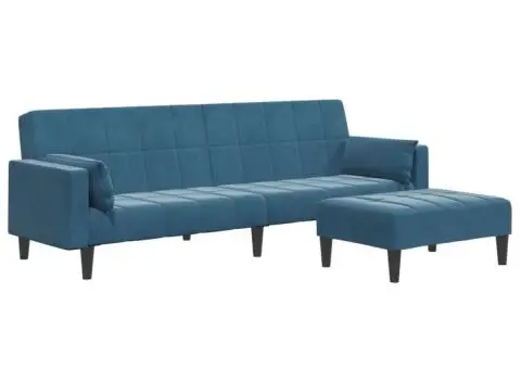 Canapea extensibilă cu 2 locuri și taburet, albastru, catifea - 2/5
