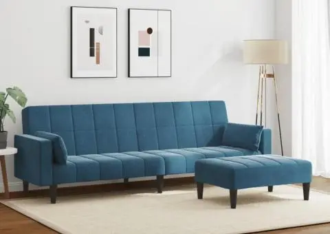 Canapea extensibilă cu 2 locuri și taburet, albastru, catifea - 3/5