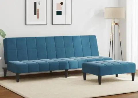 Canapea extensibilă cu 2 locuri și taburet, albastru, catifea - 1/5