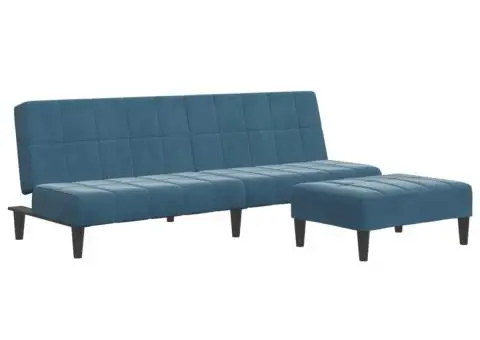 Canapea extensibilă cu 2 locuri și taburet, albastru, catifea - 2/5