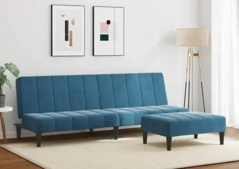 Canapea extensibilă cu 2 locuri și taburet, albastru, catifea - 3/5