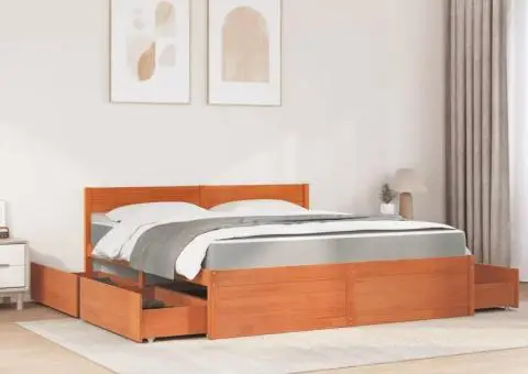 Pat cu sertare saltea, maro ceruit, 180x200 cm, lemn masiv pin - 3/5