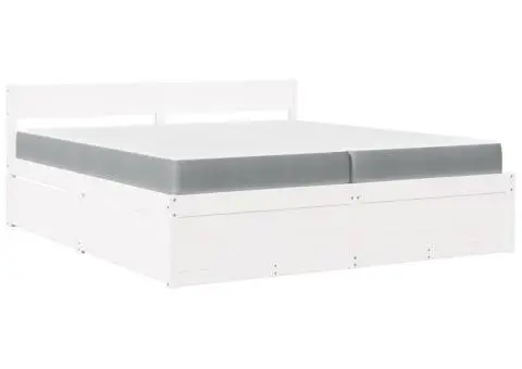 Pat cu sertare și saltea, alb, 200x200 cm, lemn masiv pin - 2/5