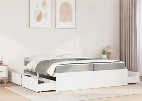 Pat cu sertare și saltea, alb, 200x200 cm, lemn masiv pin - 3/5