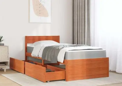 Pat cu sertare saltea, maro ceruit, 90x200 cm, lemn masiv pin - 3/5