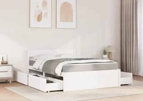 Pat cu sertare saltea, alb, 120x200 cm, lemn masiv pin - 3/5