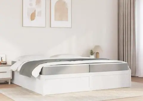 Pat cu saltea, 200x200 cm, alb, lemn masiv de pin - 3/5