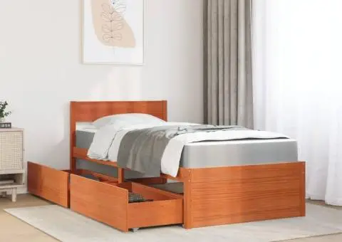 Pat cu sertare saltea, maro ceruit, 90x190 cm, lemn masiv pin - 3/5