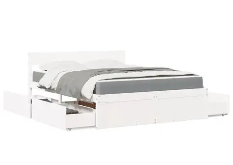 Pat cu sertare și saltea, alb, 160x200 cm, lemn masiv pin - 1/5