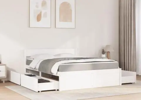 Pat cu sertare și saltea, alb, 160x200 cm, lemn masiv pin - 3/5