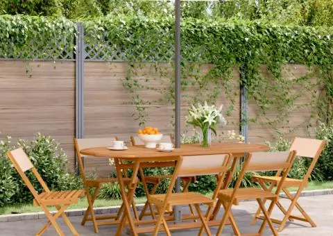 Scaune de grădină pliabile, 6 buc., textil bej și lemn masiv - 1/5