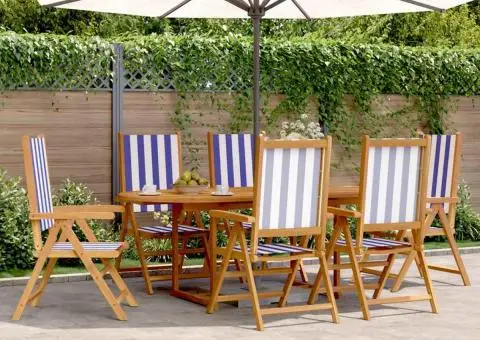 Set mobilier de grădină 7 piese textil albastru alb/lemn masiv - 1/5