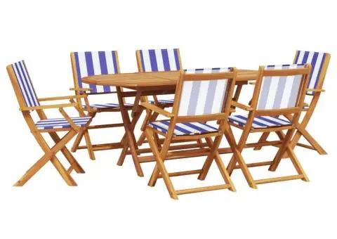 Set mobilier de grădină 7 piese textil albastru alb/lemn masiv - 2/5