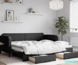 Pat de zi cu extensie și sertare, negru, 90x200 cm, textil