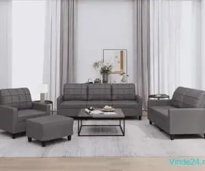 Set de canapele cu perne, 4 piese, gri, piele ecologică