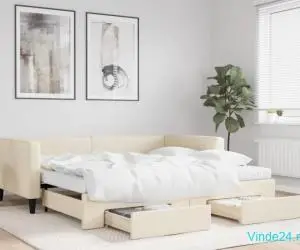 Pat de zi cu extensie și sertare, crem, 100x200 cm, textil