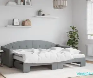 Pat de zi cu extensie și saltele, gri deschis, 80x200 cm textil
