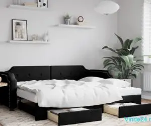 Pat de zi cu extensie și sertare, negru, 90x200 cm, textil