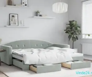 Pat de zi cu extensie și sertare, gri deschis 90x200 cm catifea